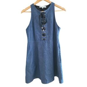 English Factory Blue Chambray Denim Sleeveless Lace Up Mini Dress Small
